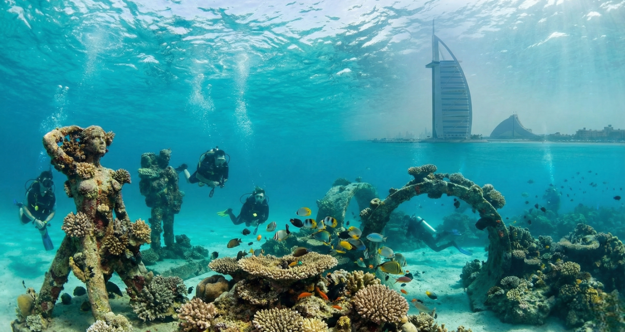 Coral reef and marine life during scuba diving in Dubai