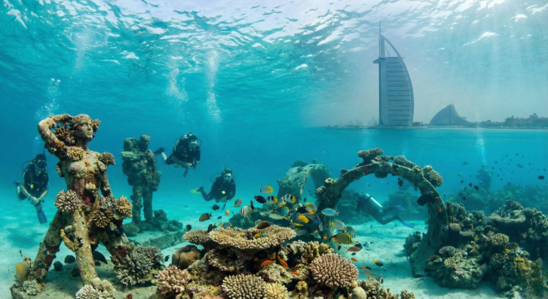 Coral reef and marine life during scuba diving in Dubai