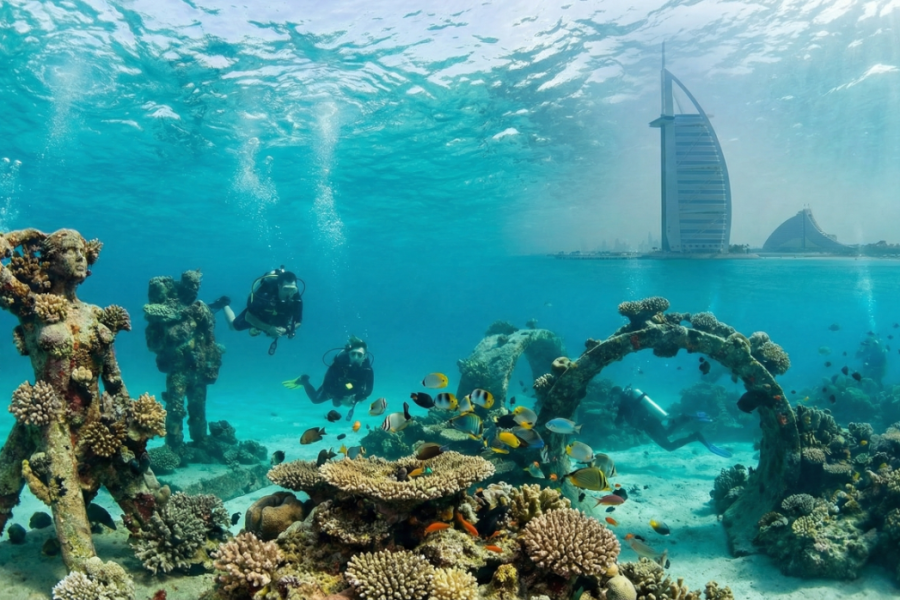 Coral reef and marine life during scuba diving in Dubai