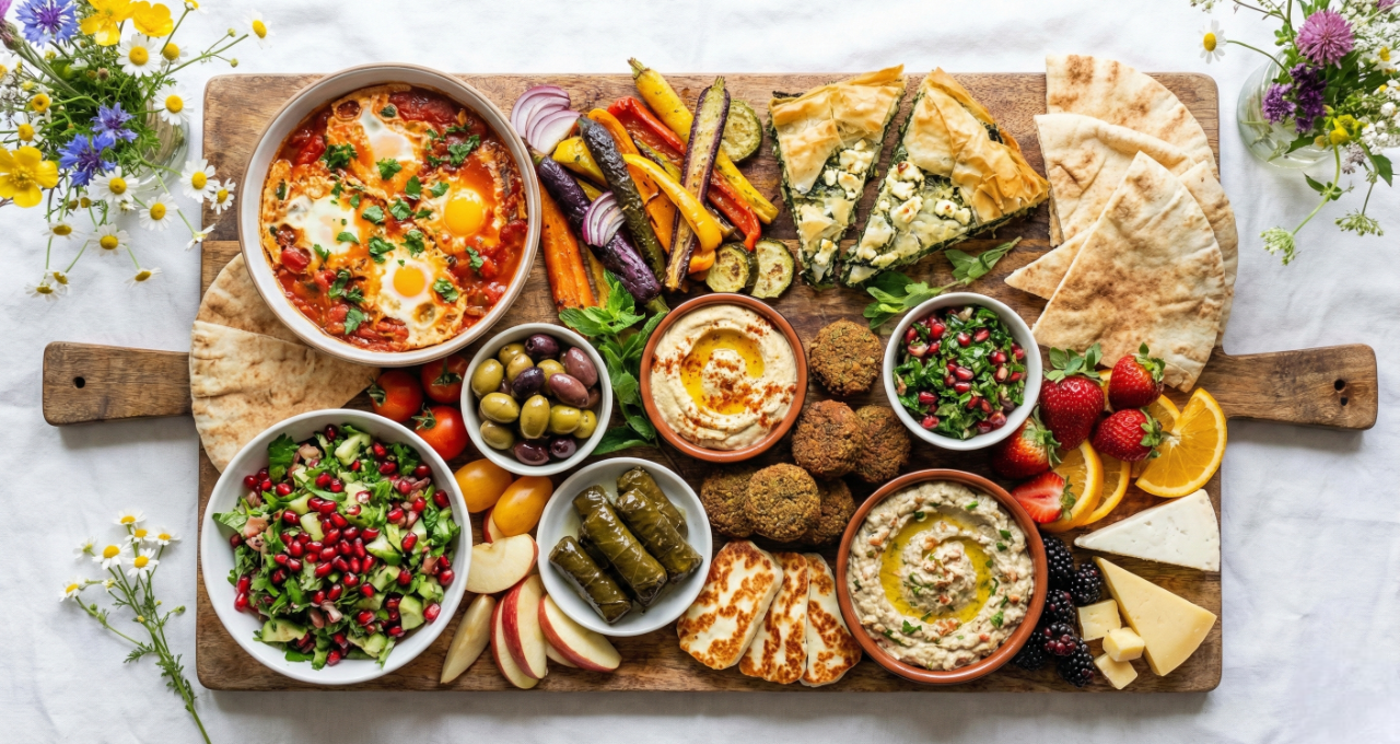 : A variety of vegetarian dishes served on a table during travel.