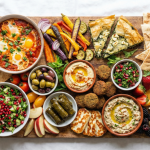 : A variety of vegetarian dishes served on a table during travel.