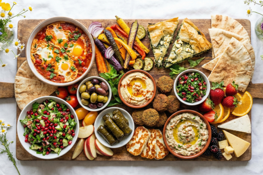 : A variety of vegetarian dishes served on a table during travel.