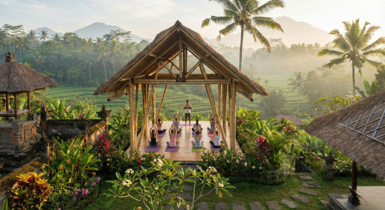 Yoga session in Bali showcasing the wellness side of fitness travel.