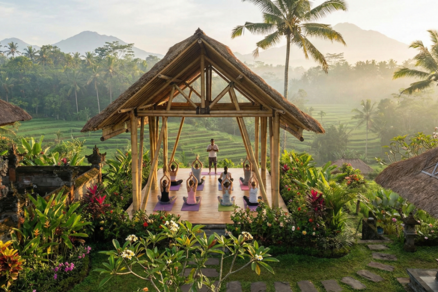 Yoga session in Bali showcasing the wellness side of fitness travel.
