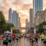 Runner exploring a city at sunrise during a running tourism trip.