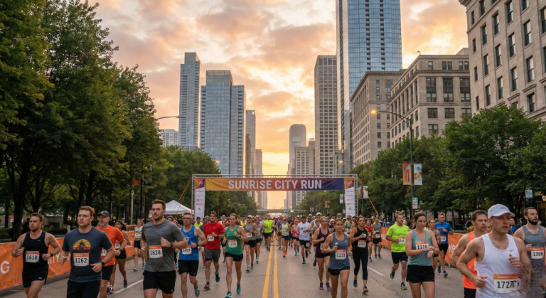 Runner exploring a city at sunrise during a running tourism trip.