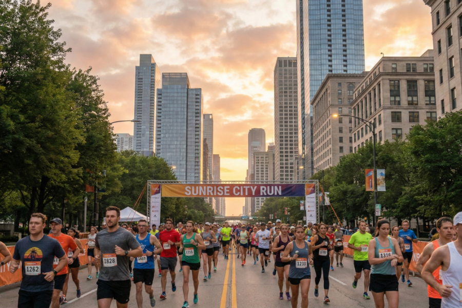 Runner exploring a city at sunrise during a running tourism trip.
