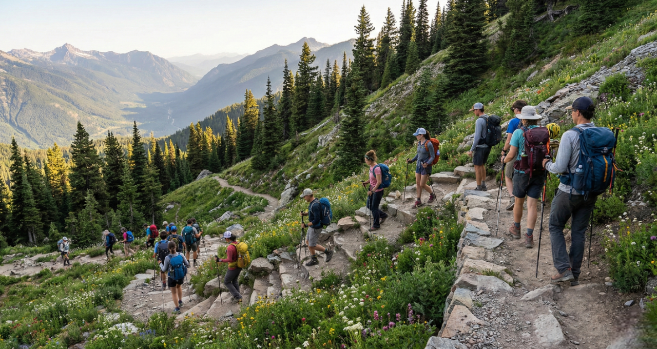 Hikers enjoying a scenic mountain trail during a hiking and trekking trip.