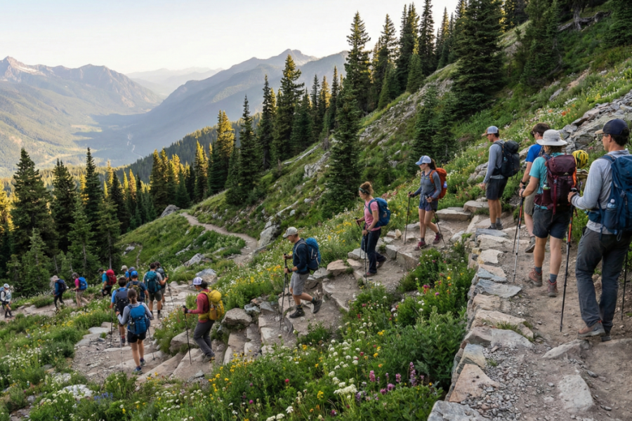Hikers enjoying a scenic mountain trail during a hiking and trekking trip.