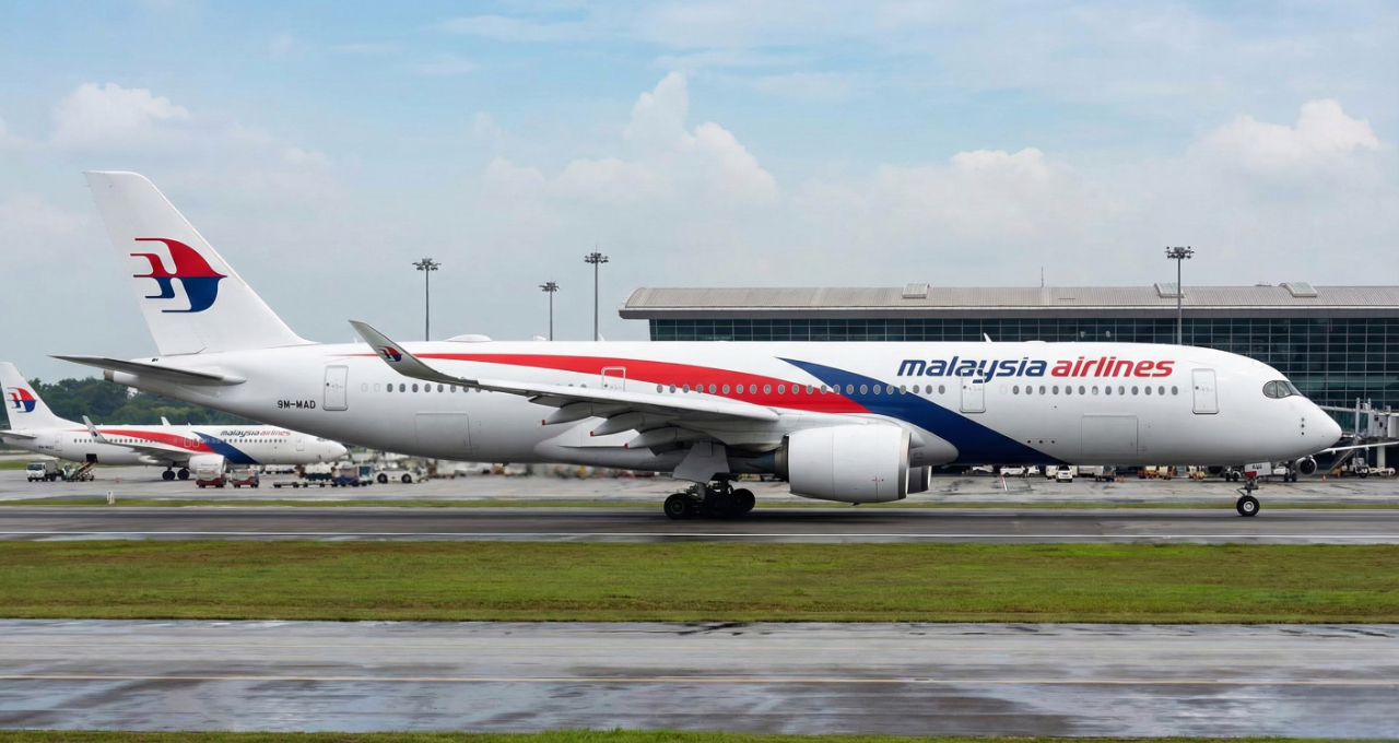 Malaysia Airlines aircraft ready for departure on the runway.