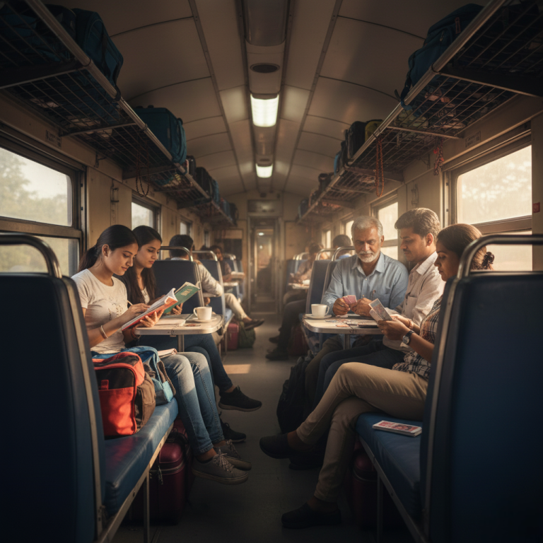 Comfortable train travel experience with spacious seating.