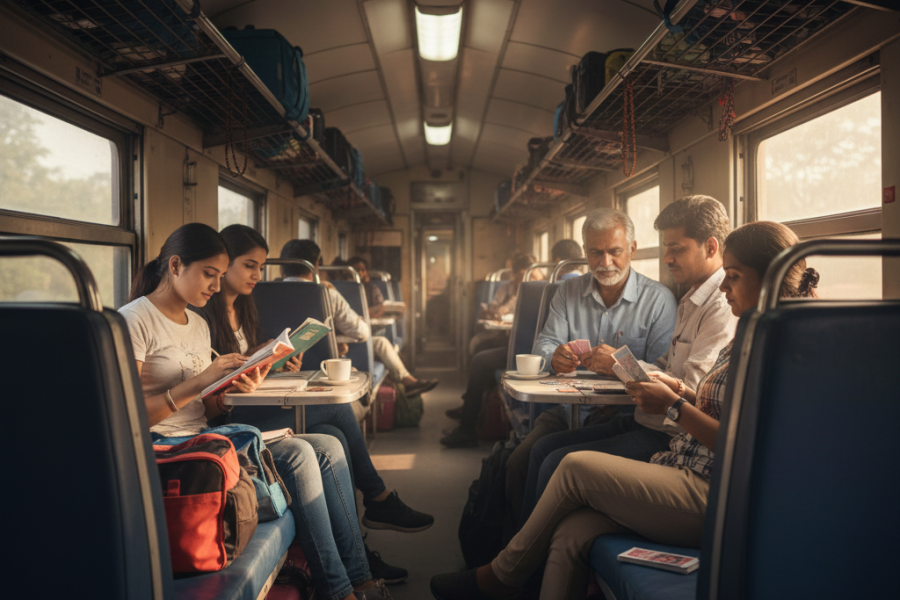 Comfortable train travel experience with spacious seating.