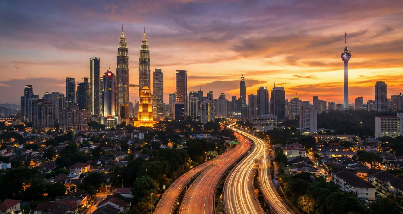 Kuala Lumpur skyline with Petronas Towers during sunset.
