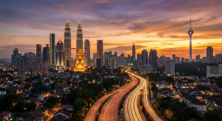 Kuala Lumpur skyline with Petronas Towers during sunset.