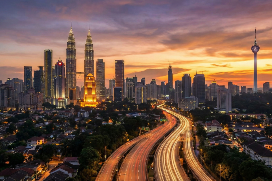 Kuala Lumpur skyline with Petronas Towers during sunset.