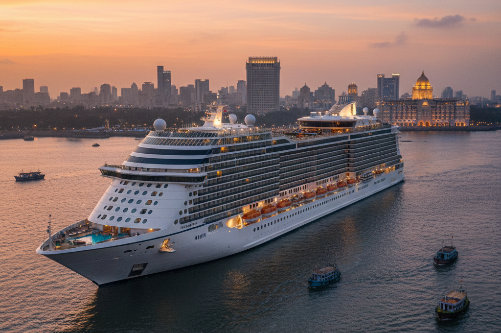 Luxury cruise ship sailing along the Indian coastline during a cruise trip in India.