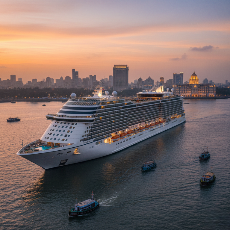 Luxury cruise ship sailing along the Indian coastline during a cruise trip in India.