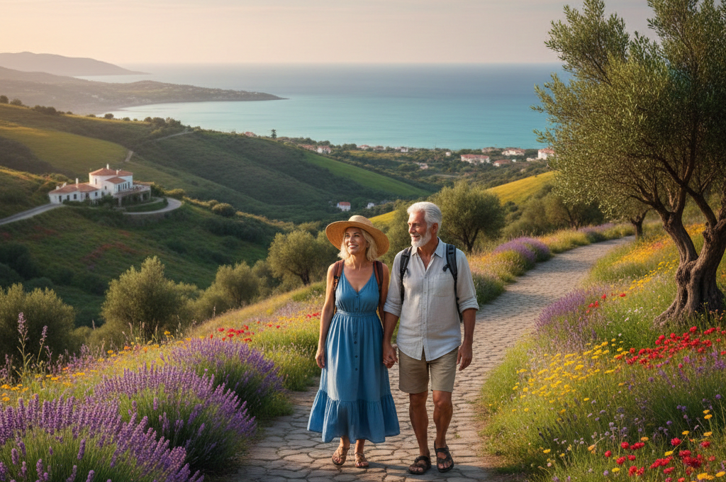 Senior couple enjoying a scenic walk during their senior citizen travel journey.